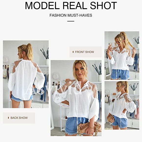 NWOT - Womens V Neck Crochet Lace Tops white Loose Puff Long Sleeve chiffon boho - Picture 3 of 6